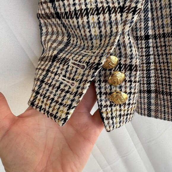 Talbots Petite Brown Ivory Blue Plaid Gold Double Breasted Blazer Size 16 Petite - Picture 9 of 15